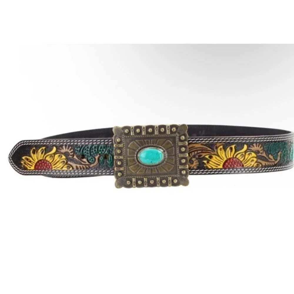 NWT American Bison Tooled Leather Belt Sz XL 42-44 Sunflower Turquoise Buckle